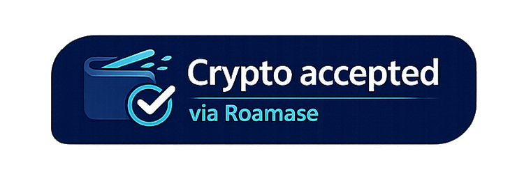 Crypto accepted via Roamase compact badge