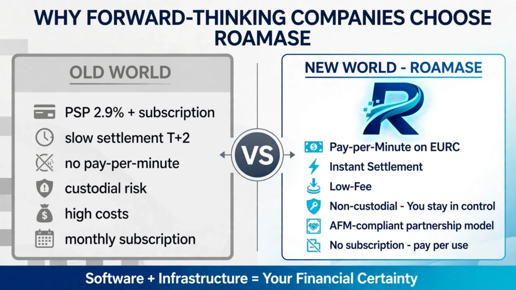 Why forward-thinking companies choose ROAMASE vs old world PSP - comparison table showing old world PSP 2.9 percent plus subscription slow settlement T plus 2 custodial risk high costs vs new world ROAMASE pay-per-minute on EURC instant settlement low fee non-custodial AFM compliant no subscription