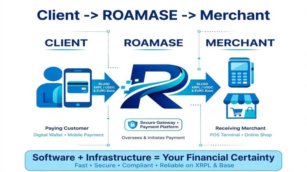 ROAMASE payment flow from client to merchant - secure gateway payment platform that oversees and initiates payments via RLUSD XRPL USDC EURC Base - digital wallet to POS terminal online shop